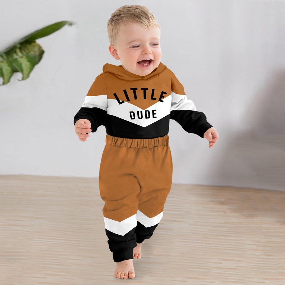 2PCS Little Dude Letter Printed Long Sleeve Hoodie Baby Set