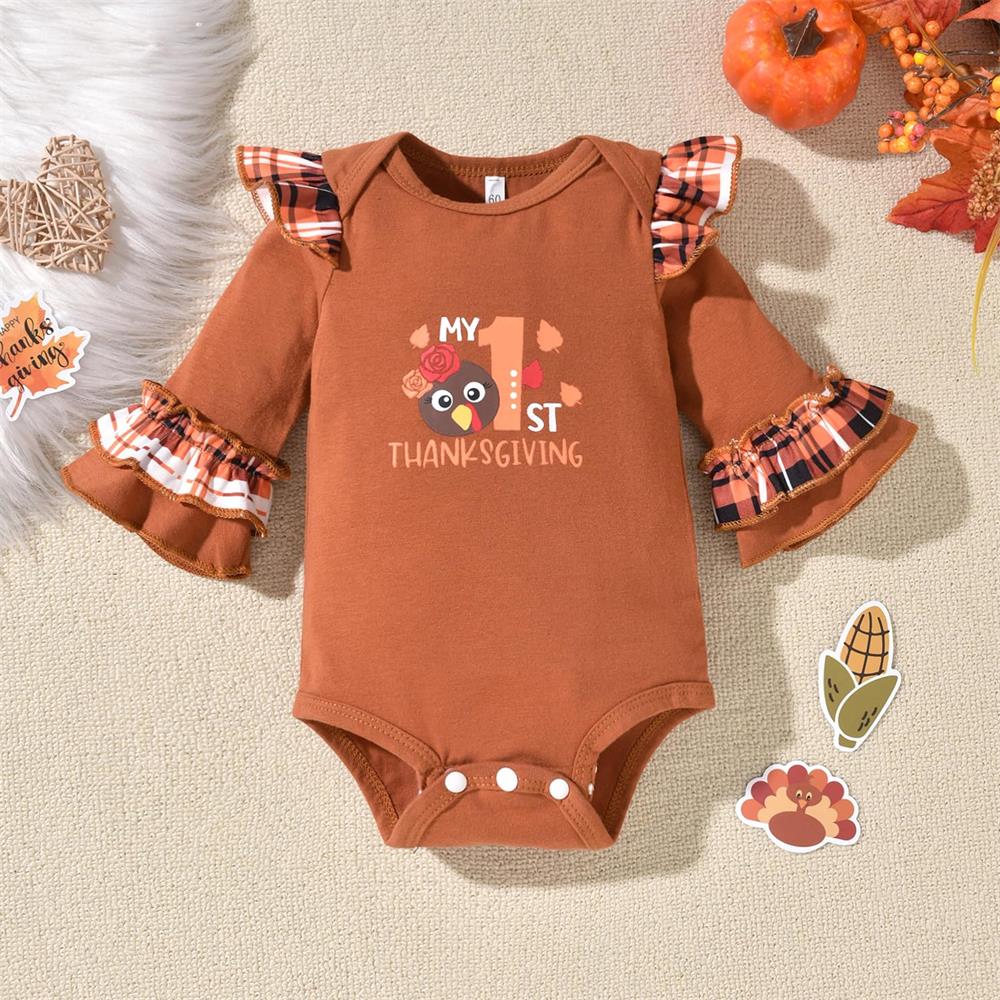 3PCS My 1st Thanksgiving Letter Plaid Print Long Sleeve Baby Set