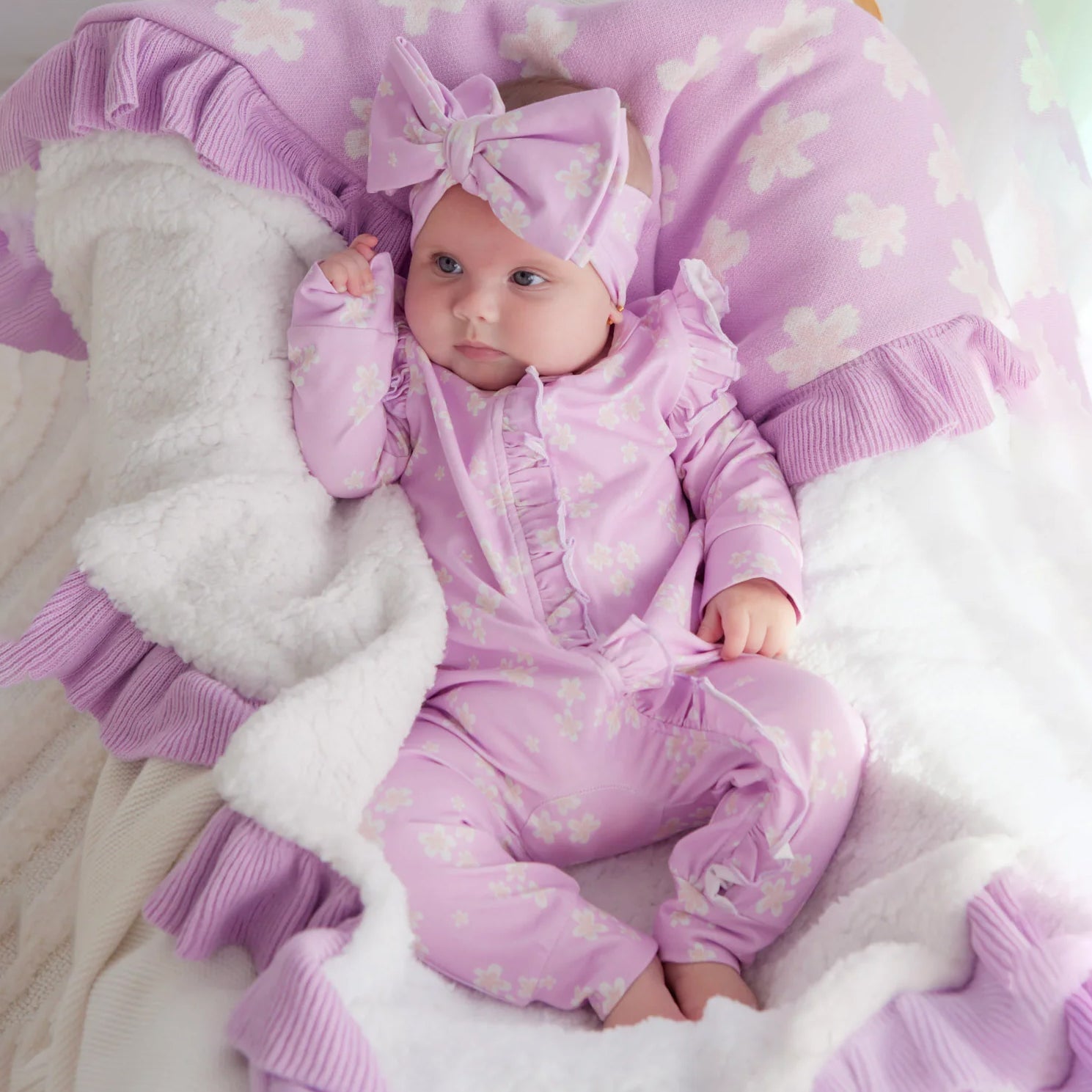 2PCS Grace Floral Printed Ruffle Zipper Baby Jumpsuit