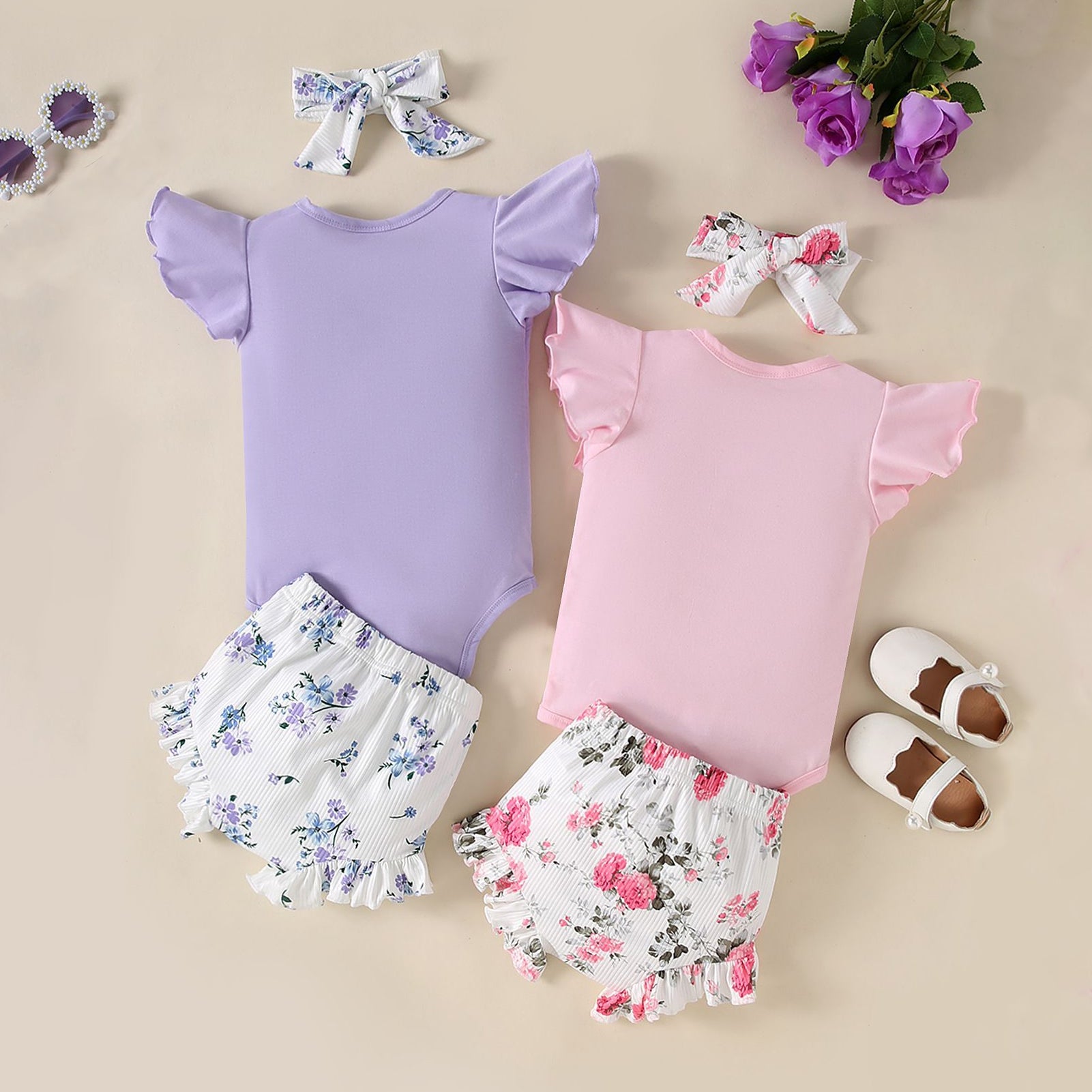 6PCS Mama's Bestie Letter Floral Print Flutter Sleeve Baby Set
