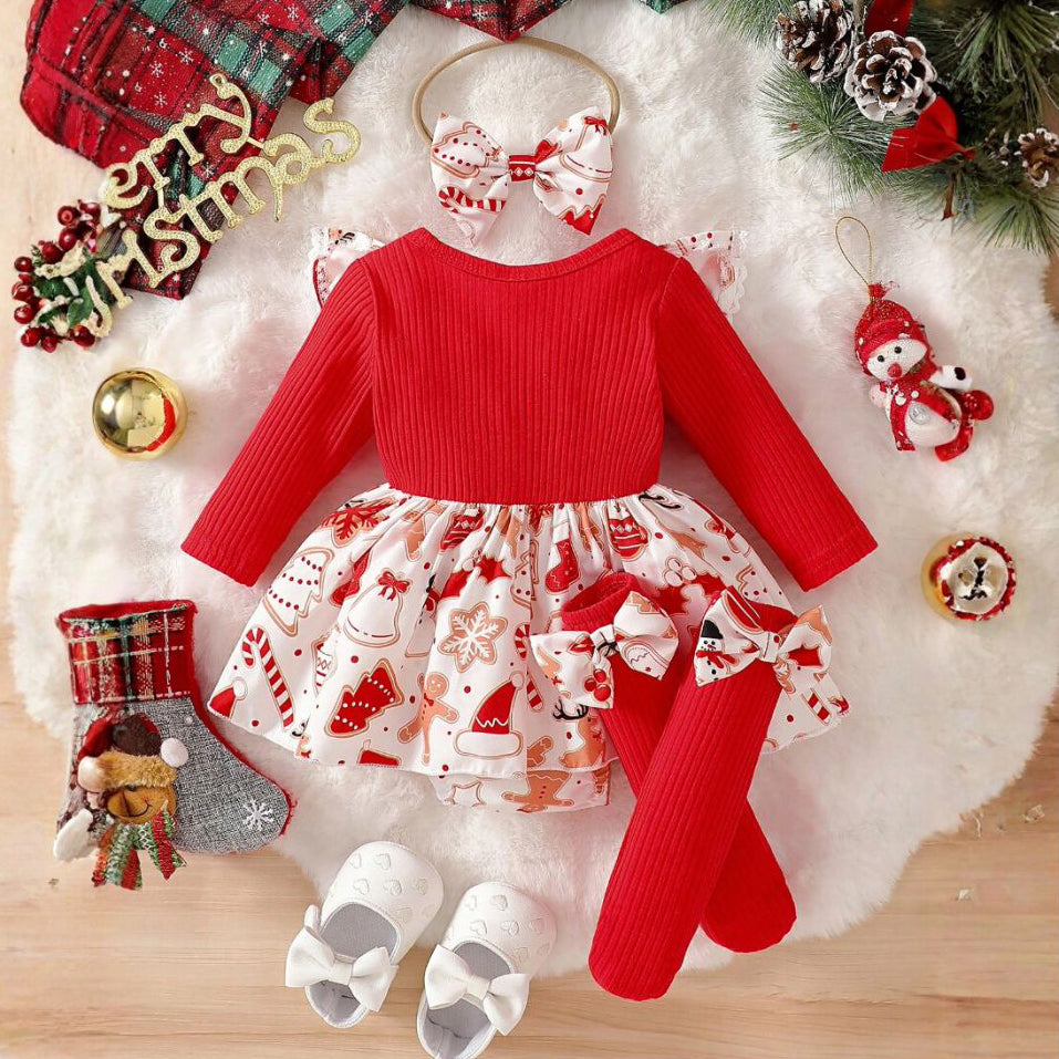 3PCS Gingerbread Christmas Elements Printed Baby Romper