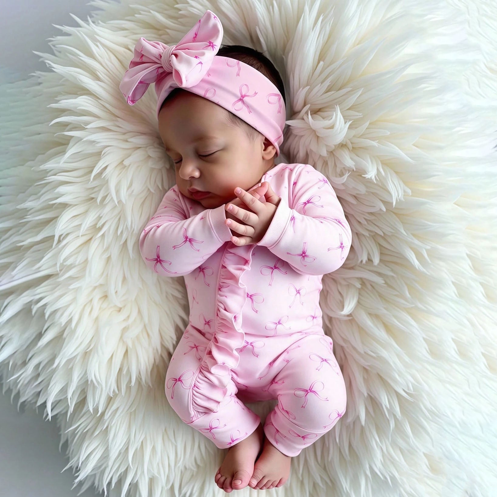 2PCS Sweet Bow Print Ruffle Long Sleeve Baby Jumpsuit
