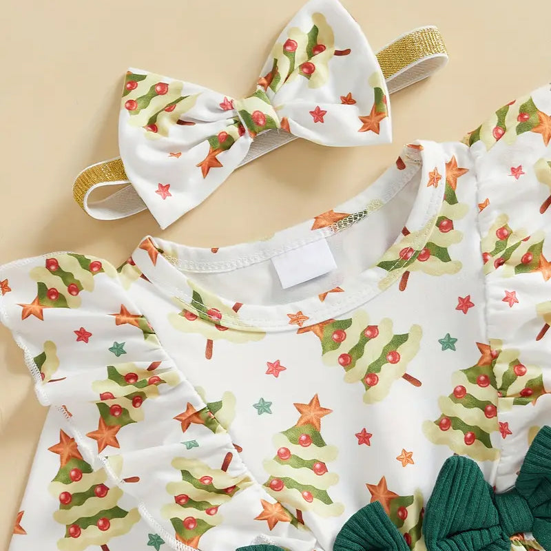 2PCS Christmas Tree Printed Bowknot Long Sleeve Baby Jumpsuit