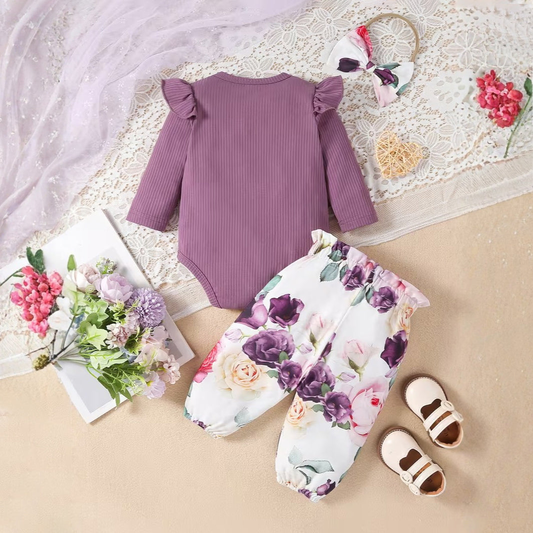3PCS Sweet Floral Printed Bowknot Long Sleeve Baby Set
