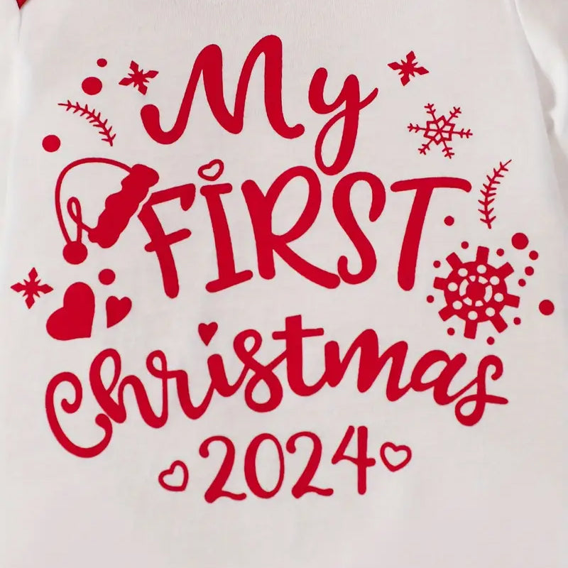 2PCS Lovely My First Christmas 2024 Letter Printed Baby Jumpsuit