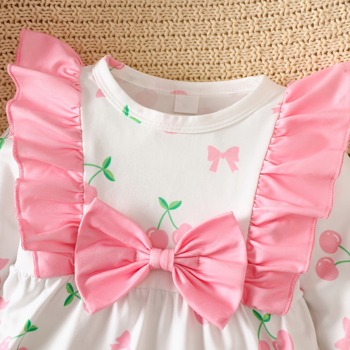 Pretty Cherry and Bow Print Ruffle Trim Long Sleeve Baby Jumpsuit