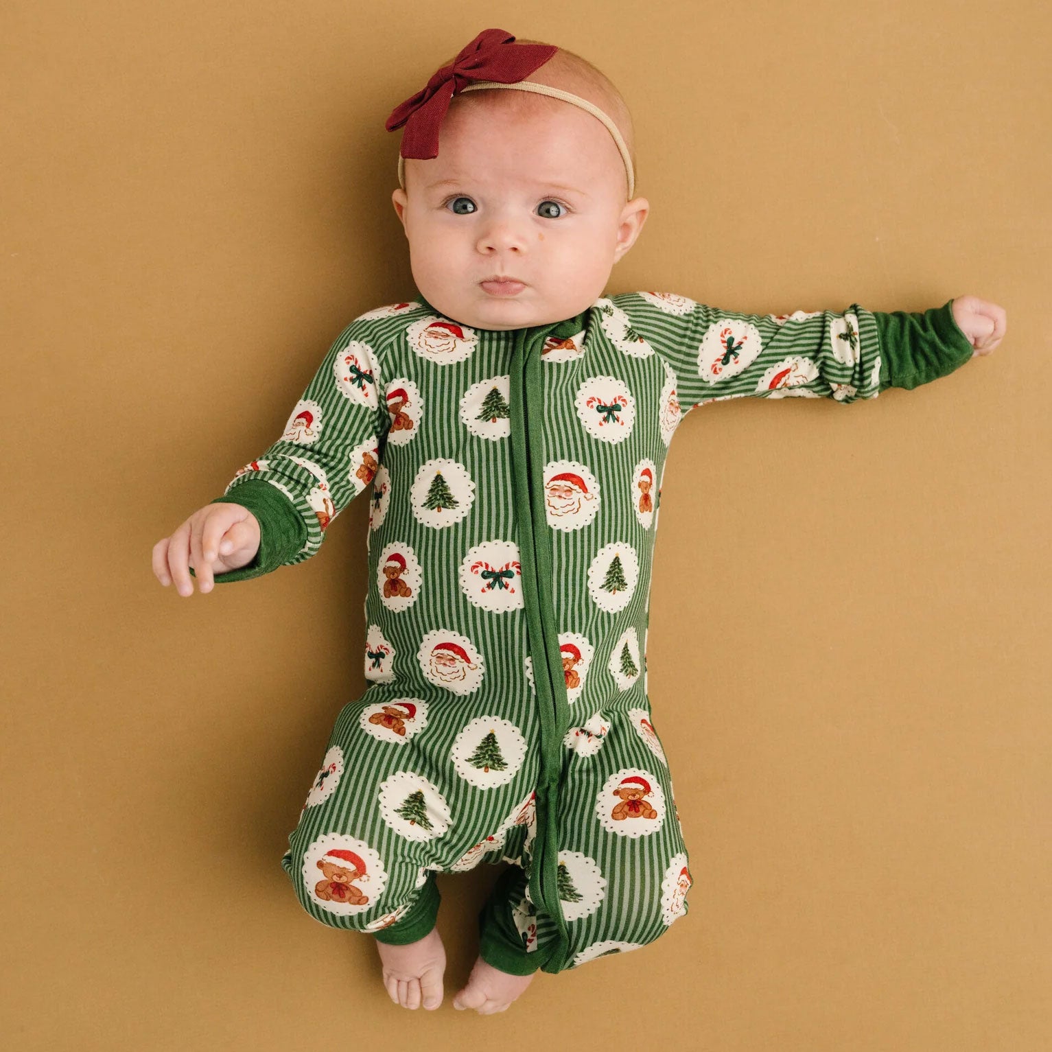 Santa Claus Christmas Elements Stripe Printed Zipper Baby Jumpsuit
