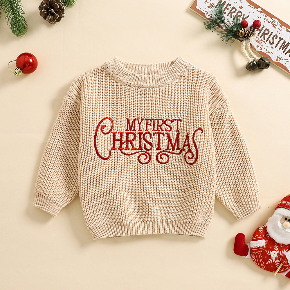 3PCS My First Christmas Letter Printed Knit Long Sleeve Baby Top