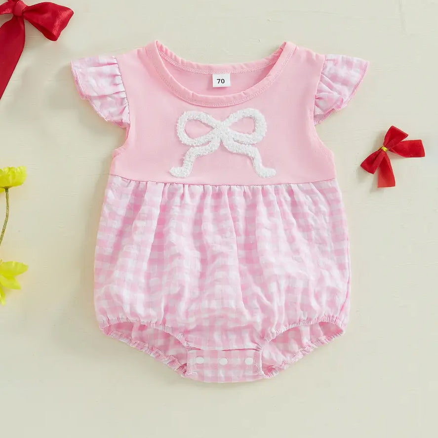 Pretty Bow Embroidery Plaid Printed Sleeveless Baby Romper