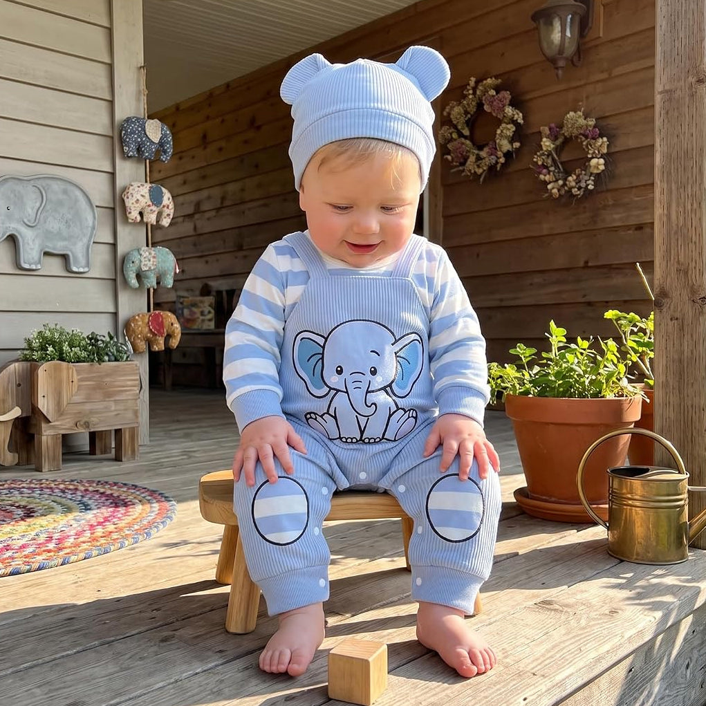 2PCS Cute Elephant Print Striped Long Sleeve Baby Jumpsuit