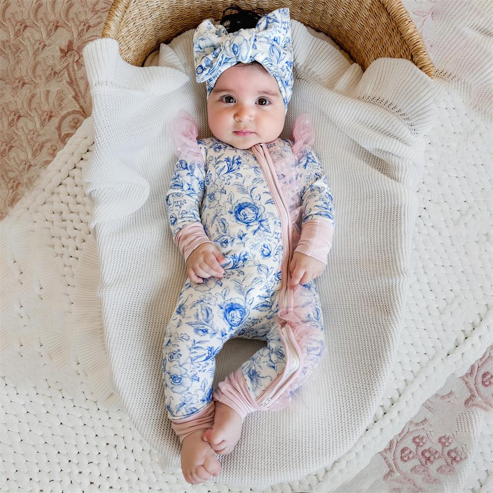 2PCS Floral Printed Lace Frills Long Sleeve Baby Jumpsuit
