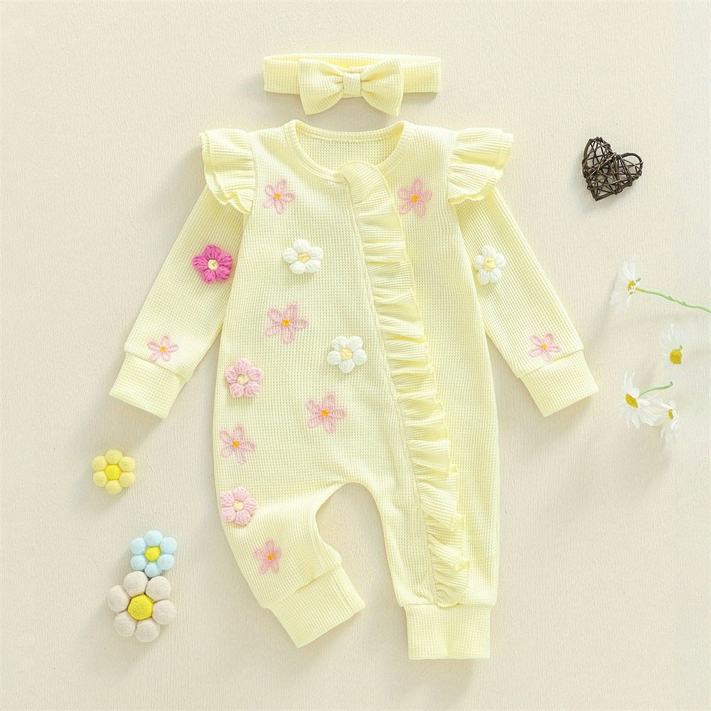 2PCS Cute 3D Flower Ruffled Long Sleeve Baby Jumpsuit