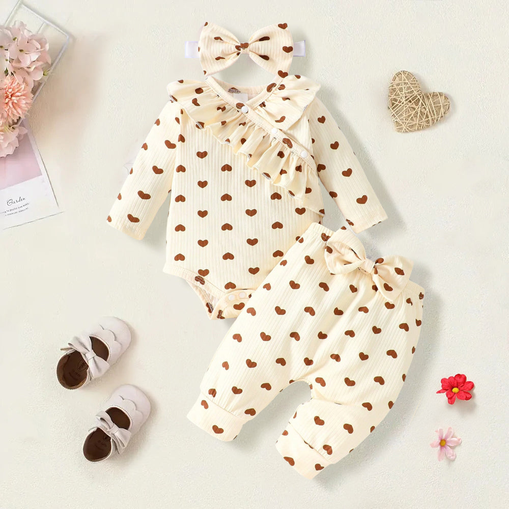 3PCS Cute Heart Print Frill Trim Long Sleeve Baby Set