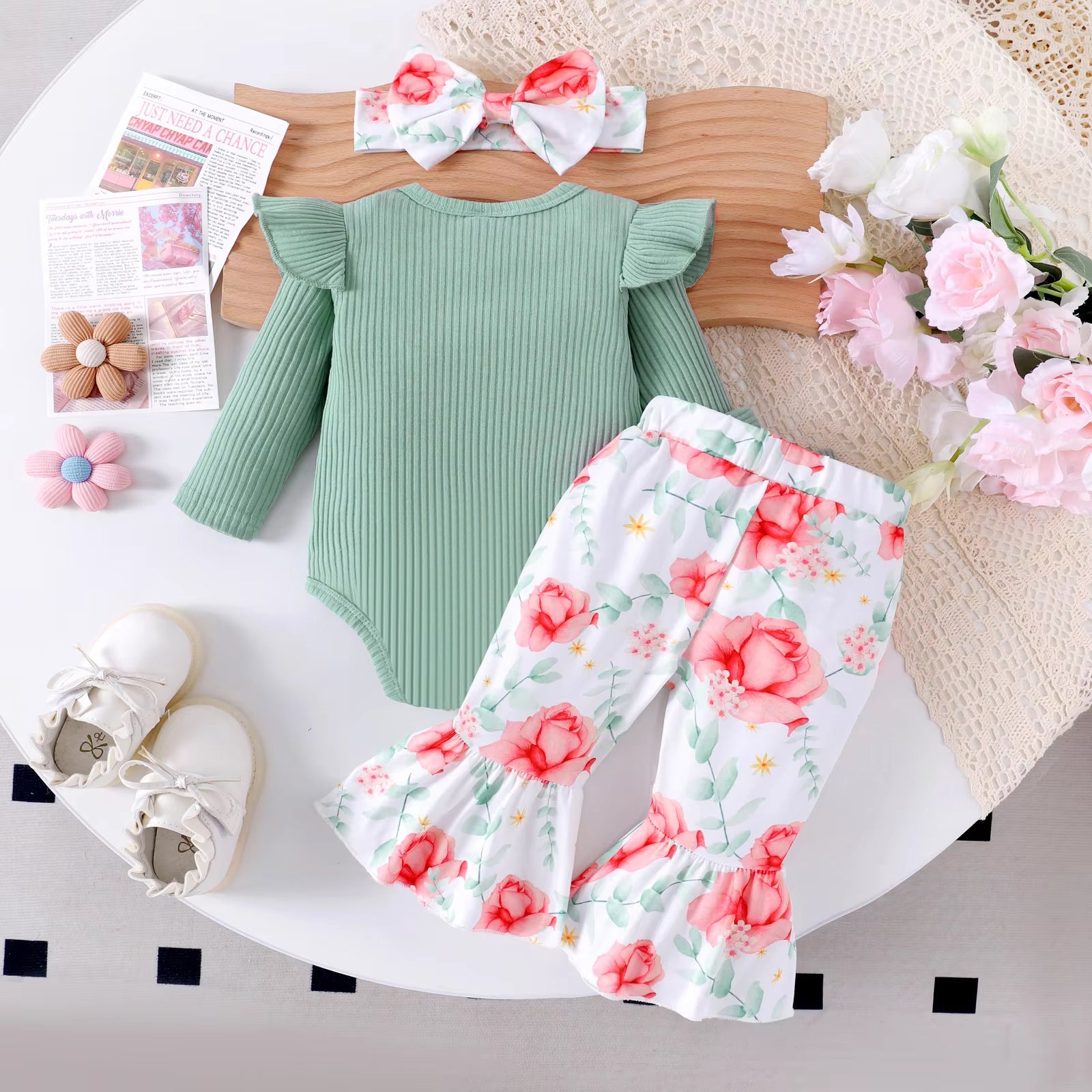 3PCS Adorable Floral Printed Bowknot Long Sleeve Baby Set