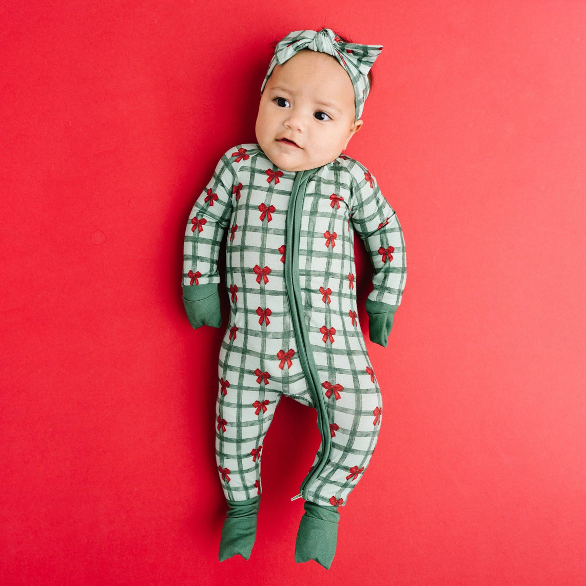 2PCS Bow Plaid Printed Zipper Baby Jumpsuit