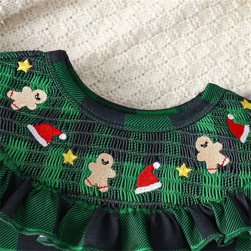 2PCS Christmas Plaid Printed Gingerbread Santa Hat Embroidery Baby Set