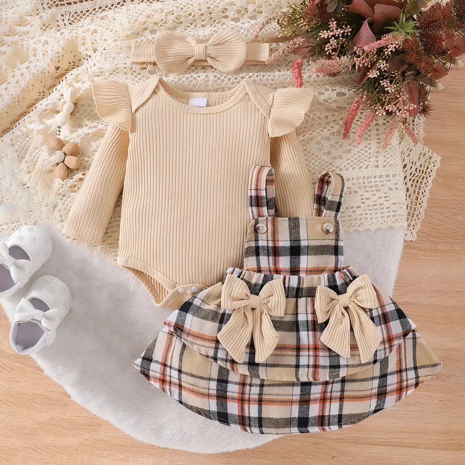 3PCS Stylish Plaid Printed Bowknot Long Sleeve Baby Set