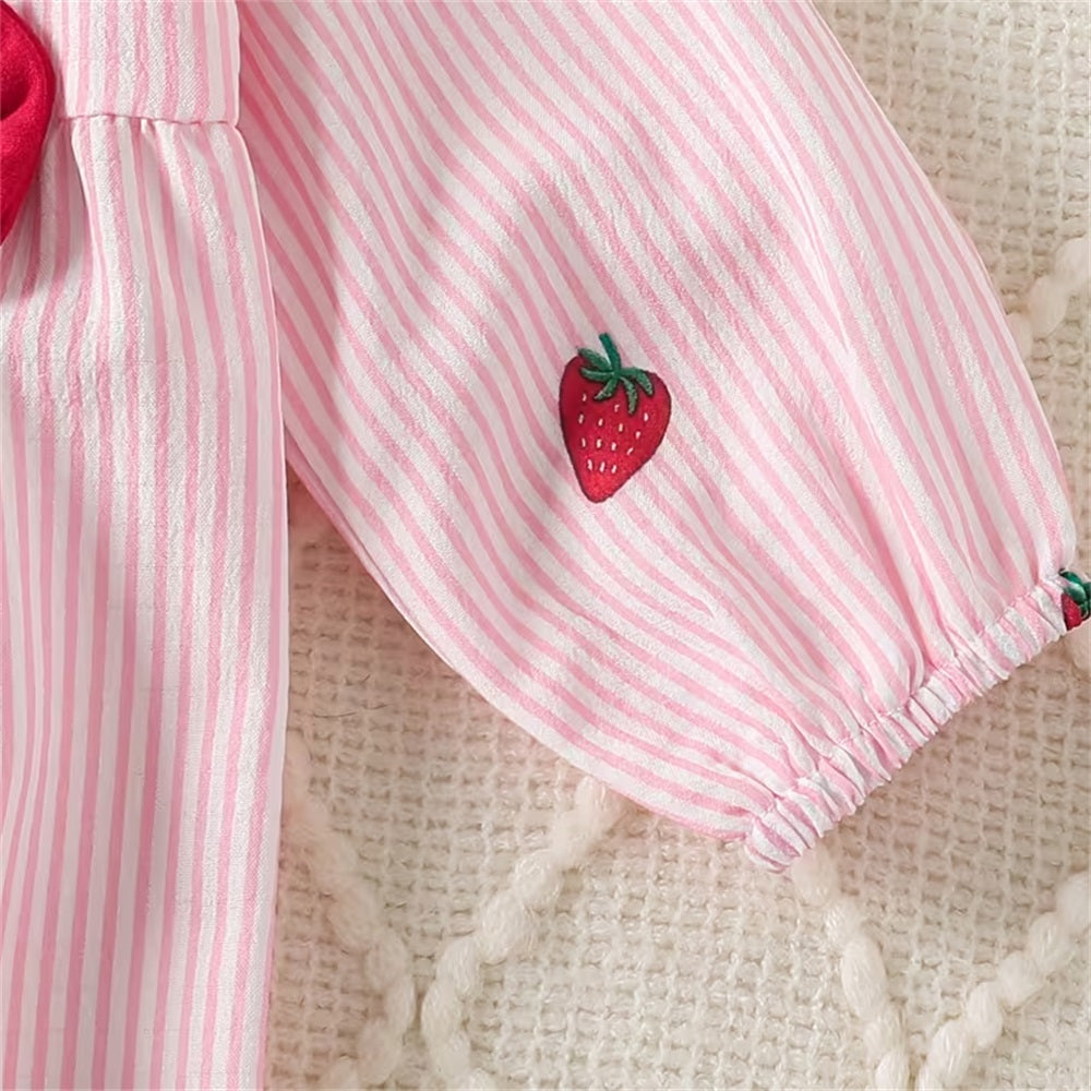 2PCS Casual Stripe Strawberry Print Long Sleeve Baby Jumpsuit