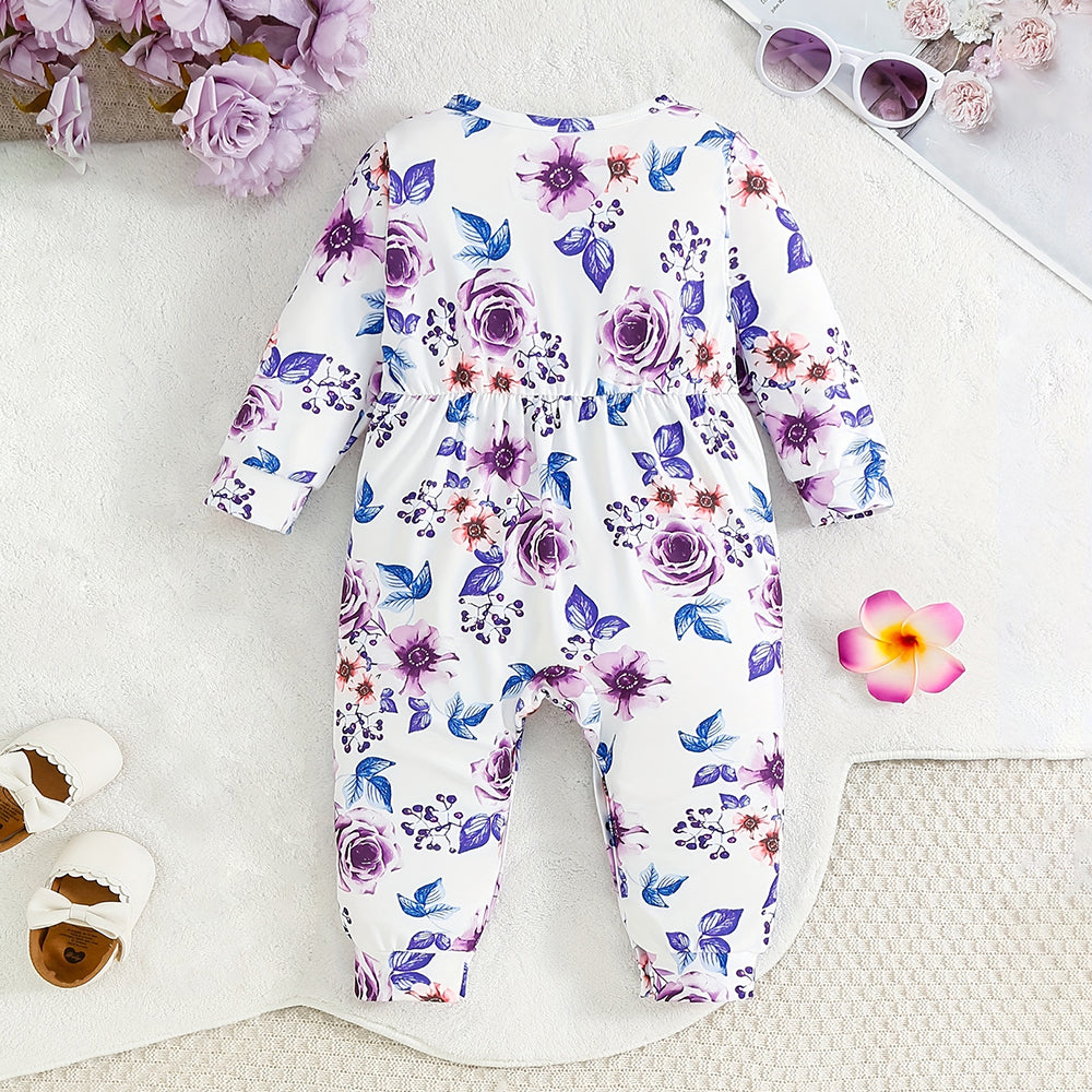 Elegant Floral Printed Long Sleeve Baby Girl Jumpsuit