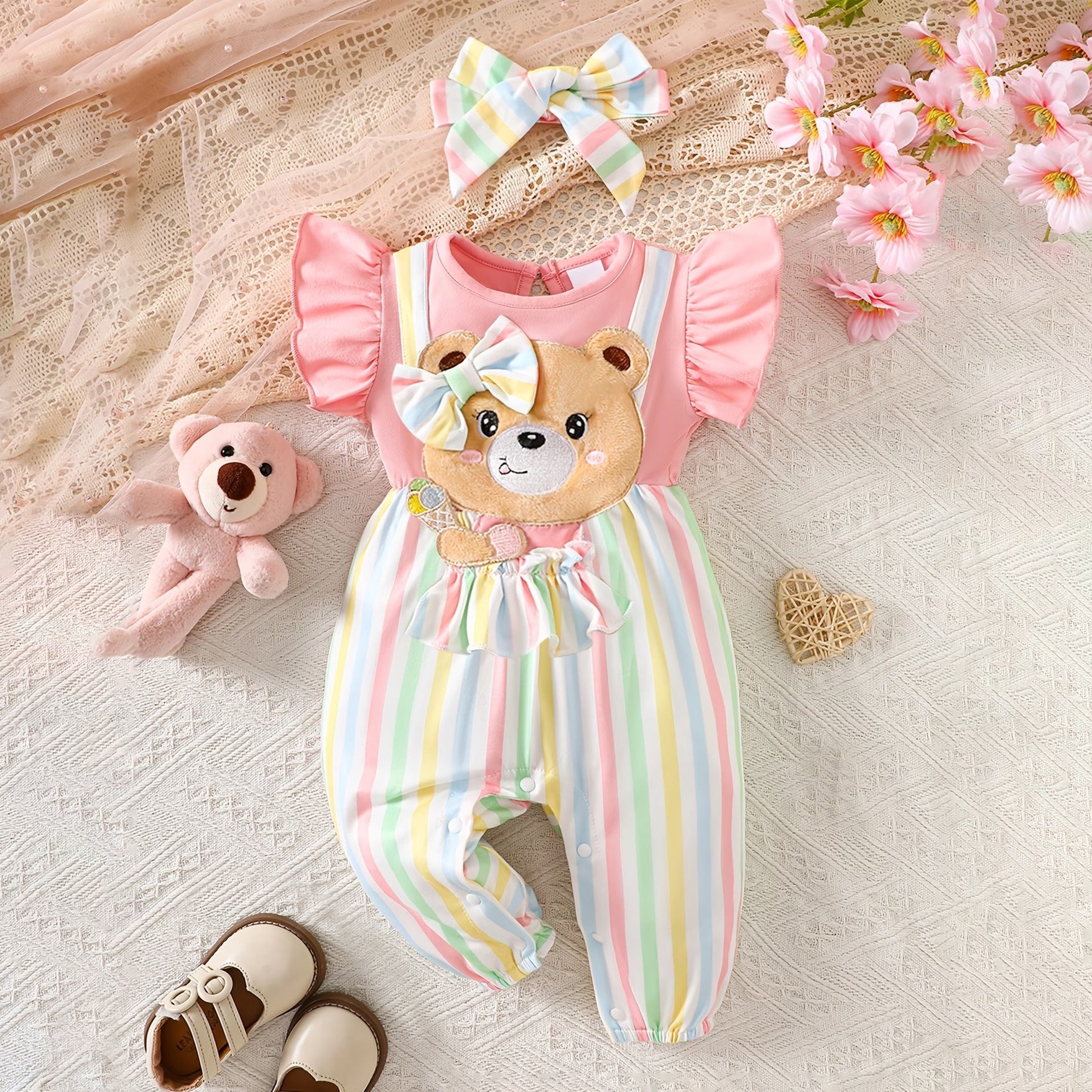 2PCS Sweet Bear Stripe Print Fly Sleeve Baby Jumpsuit