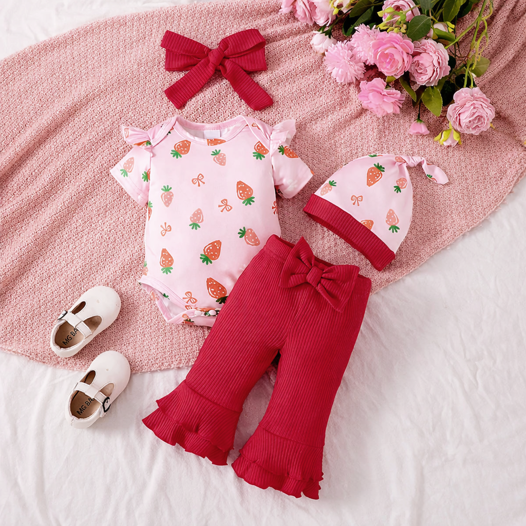 4PCS Sweet Strawberry Print Short Sleeve Baby Girl Set