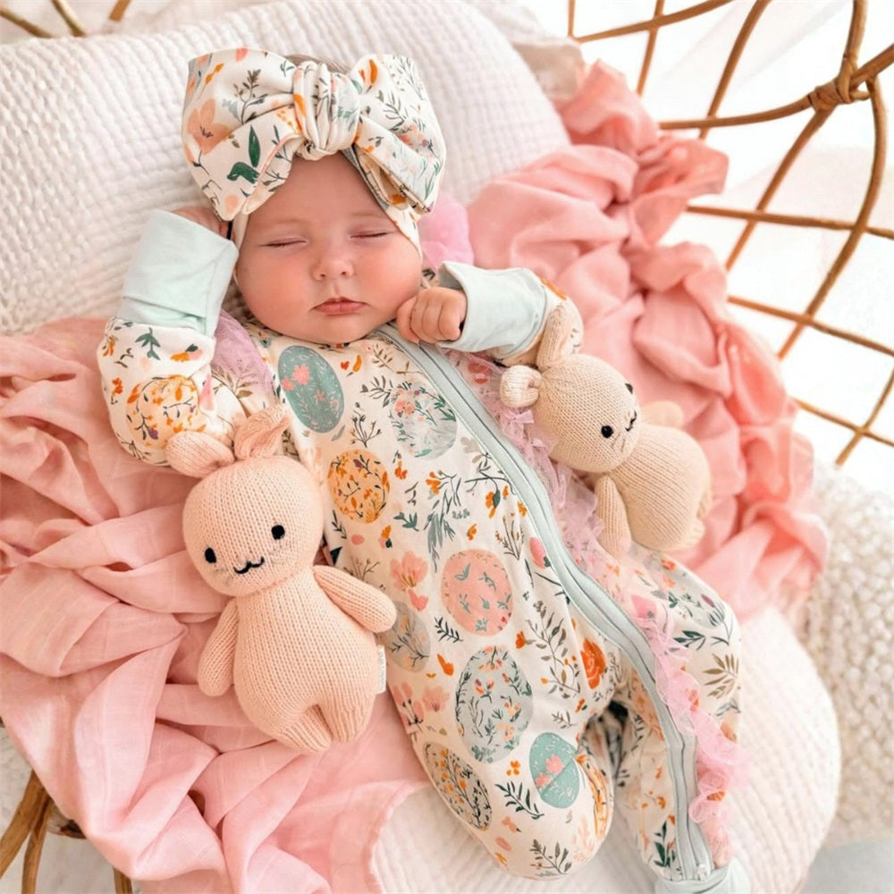 2PCS Pretty Floral Printed Long Sleeve Lace Trim Baby Jumpsuit