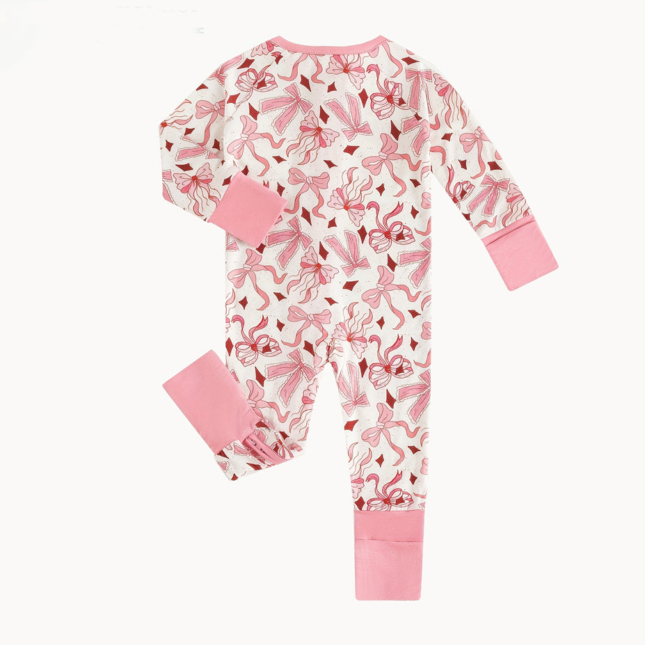 Delightful Bow Print Long Sleeve Zipper Baby Jumpsuit