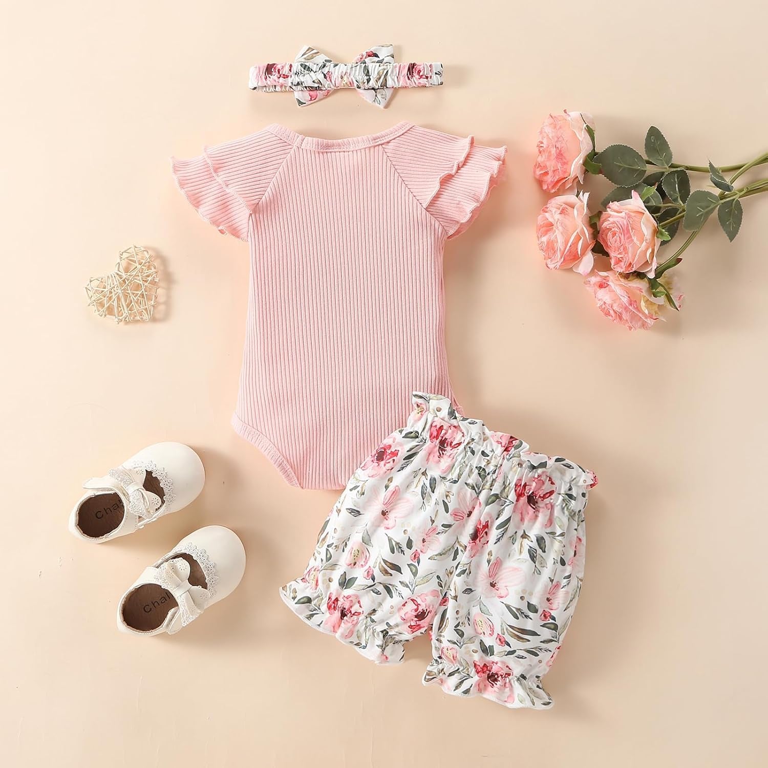 3PCS I Got It From My Mama Letter Floral Print Flounce Sleeve Baby Set