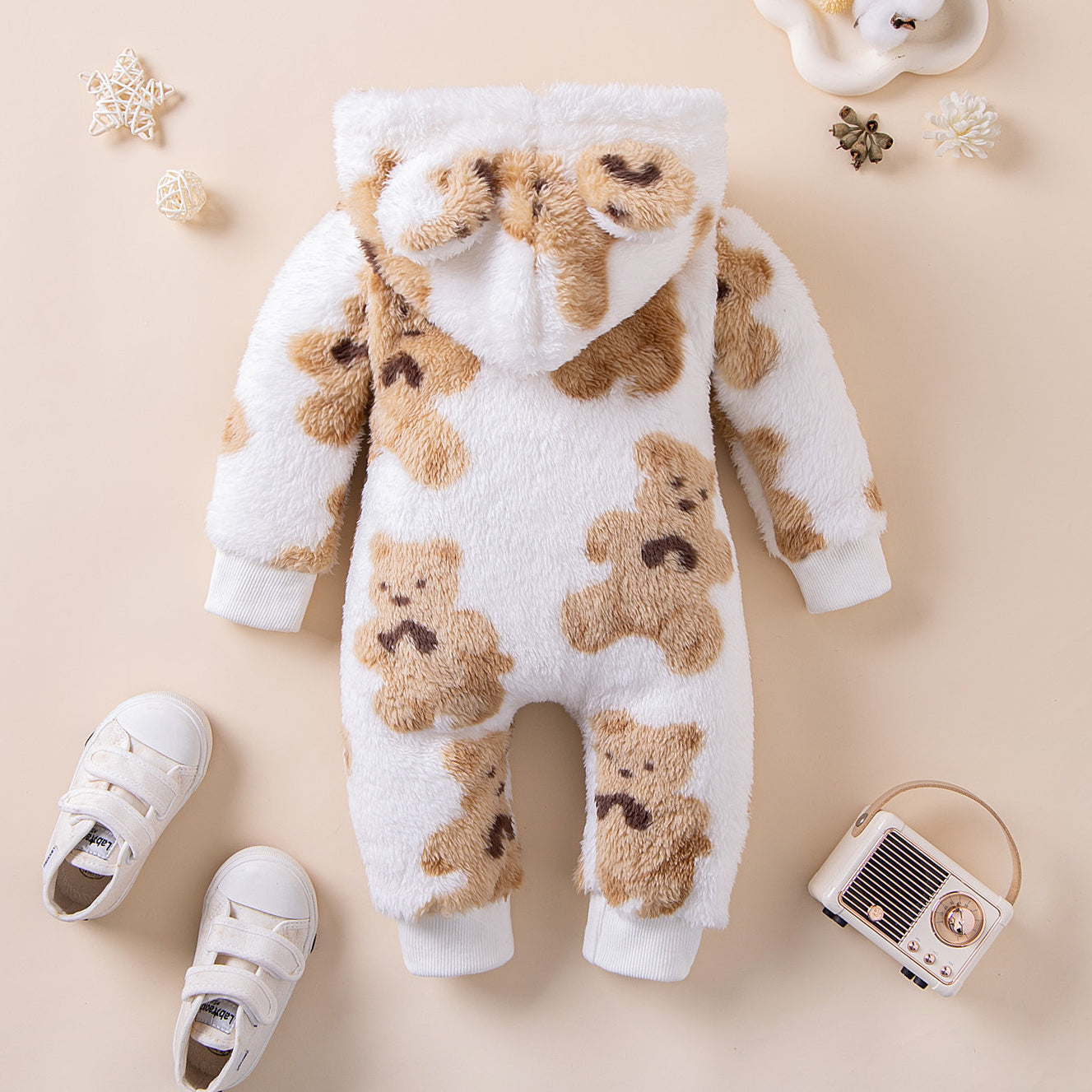 Fuzzy 3D Ear Bear Printed Zipper Baby Jumpsuit