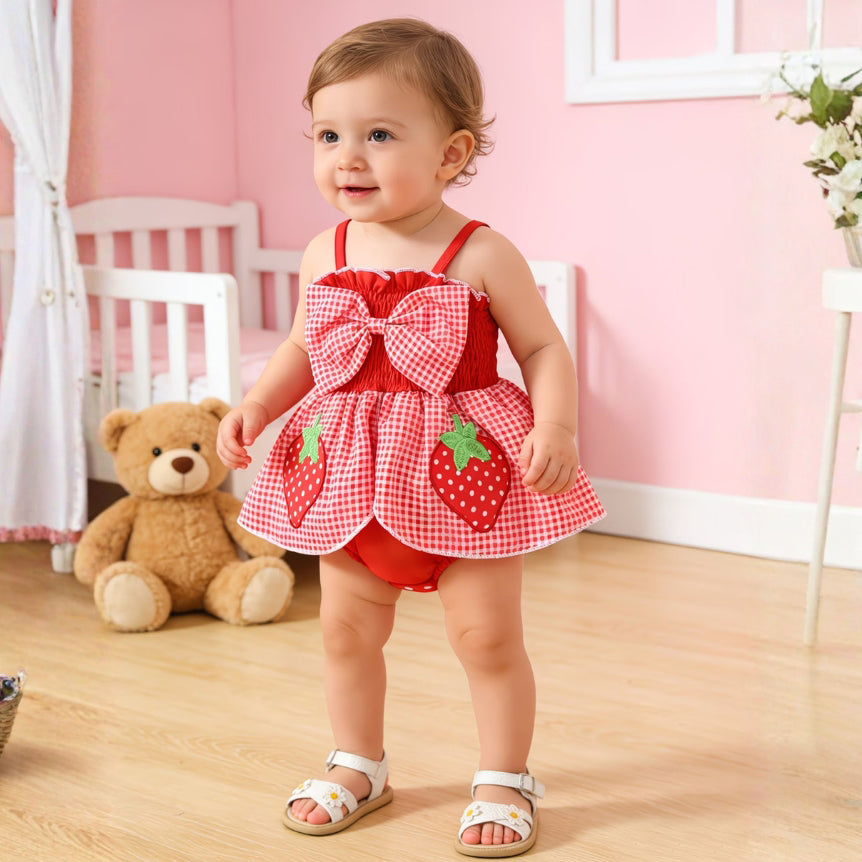 Lovely Plaid Printed Strawberry Embroidery Sleeveless Baby Romper