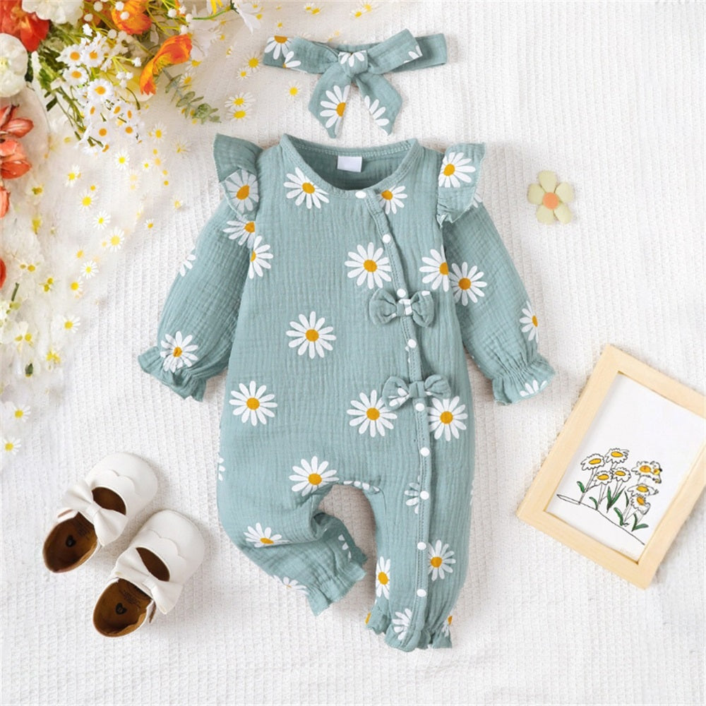 2PCS Stylish Daisy Print Bow Long Sleeve Baby Jumpsuit