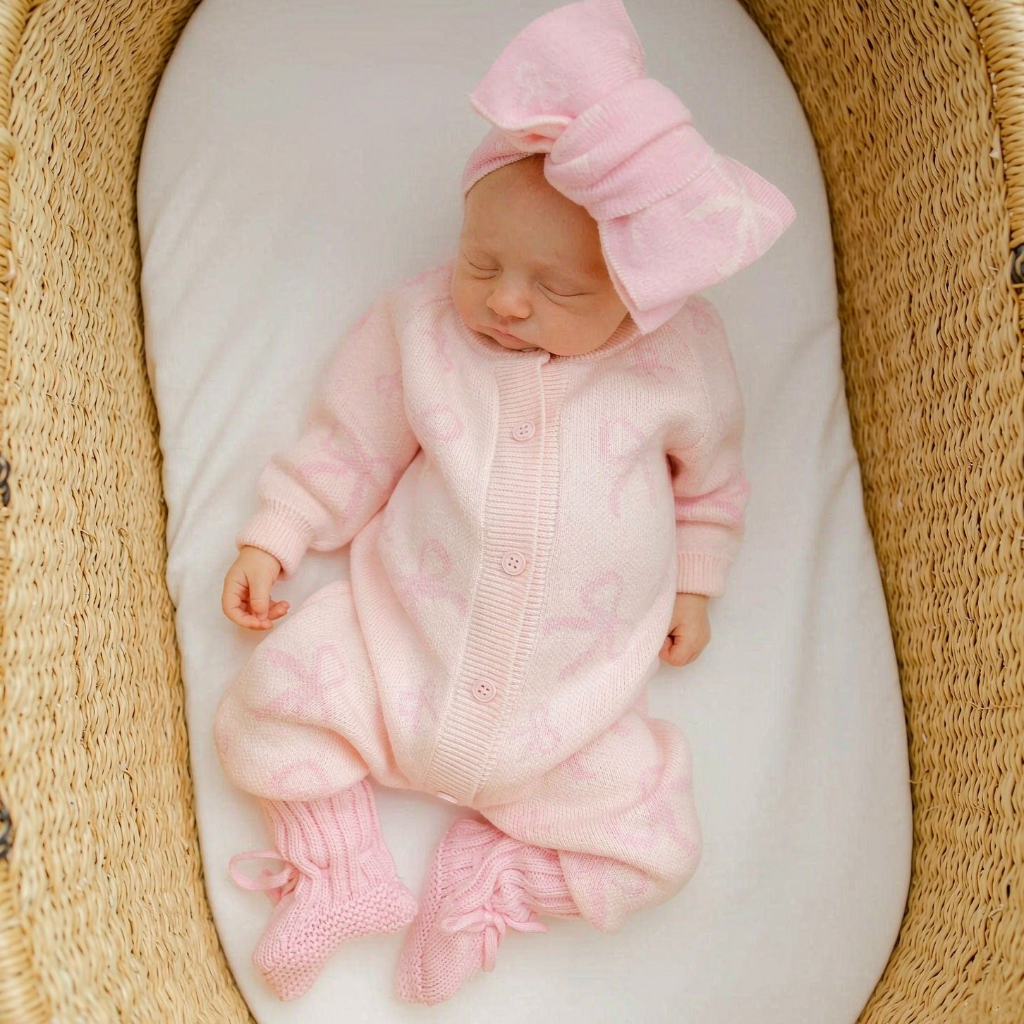 2PCS Sweet Bow Print Knit Long Sleeve Baby Jumpsuit