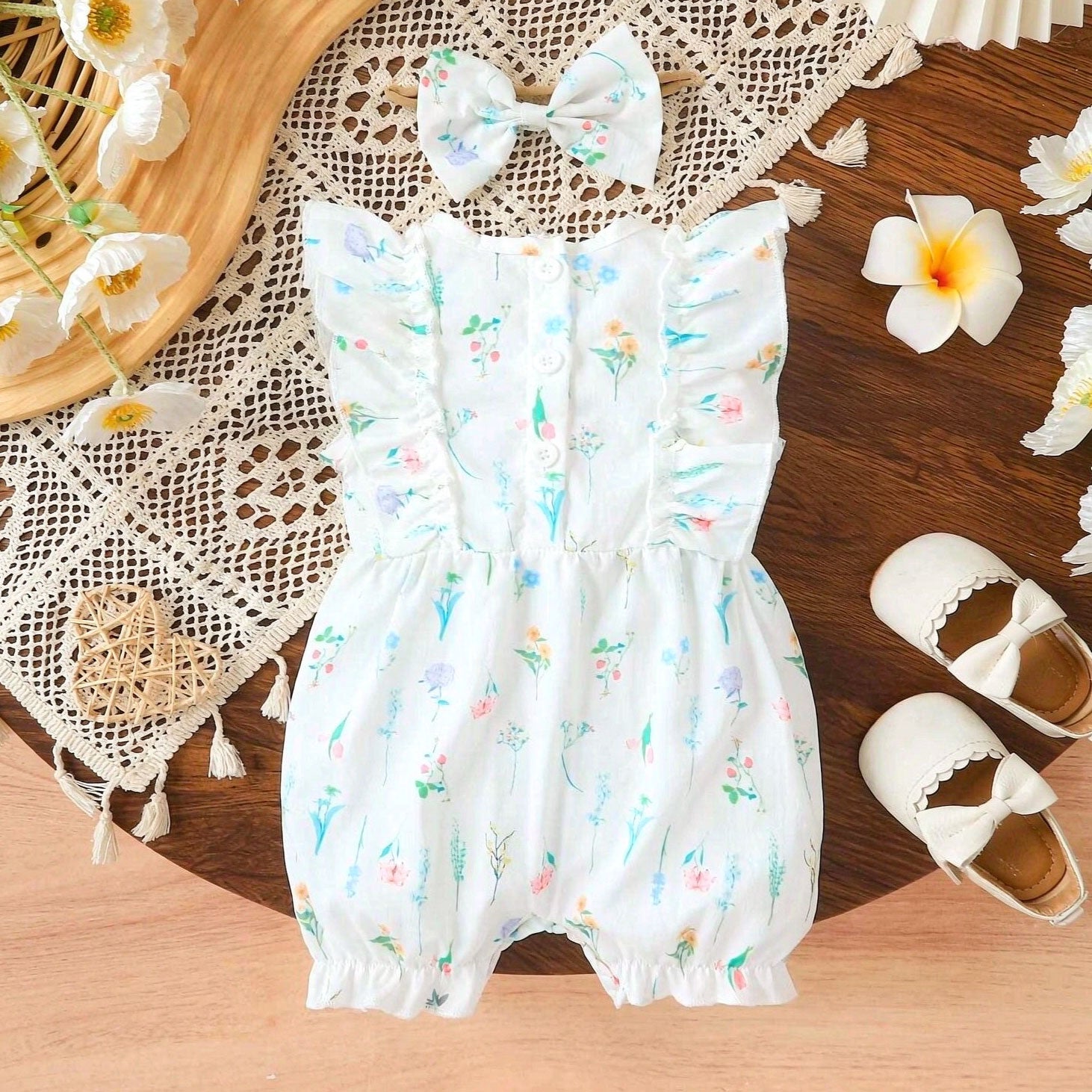 2PCS Graceful Floral Print Flutter Sleeve Baby Girl Jumpsuit