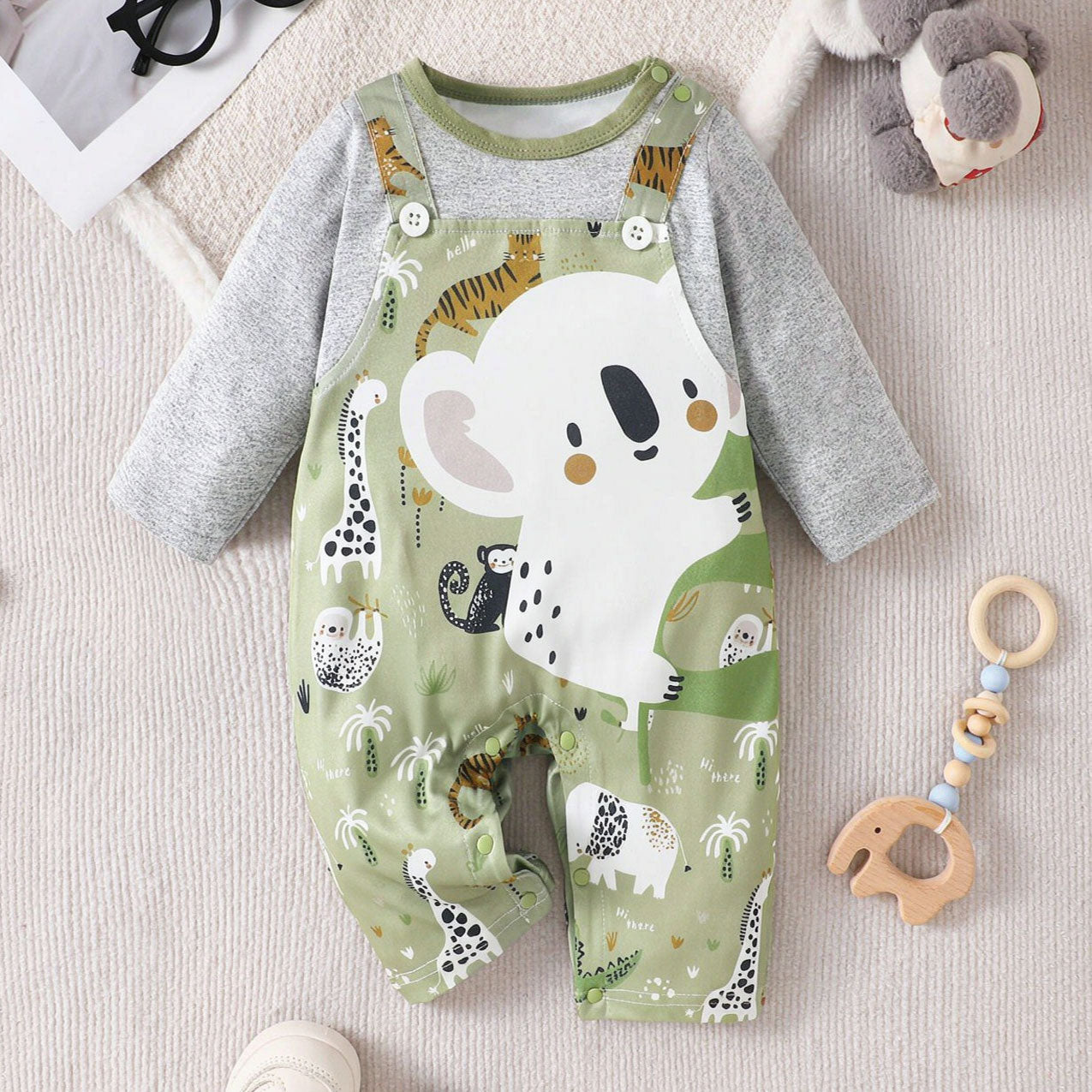 Casual Cute Koala Print Long Sleeve Baby Jumpsuit