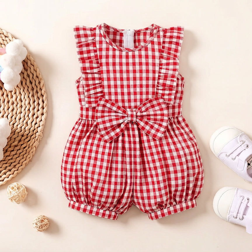 Chic Plaid Print Ruffle Trim Flutter Sleeve Baby Jumpsuit