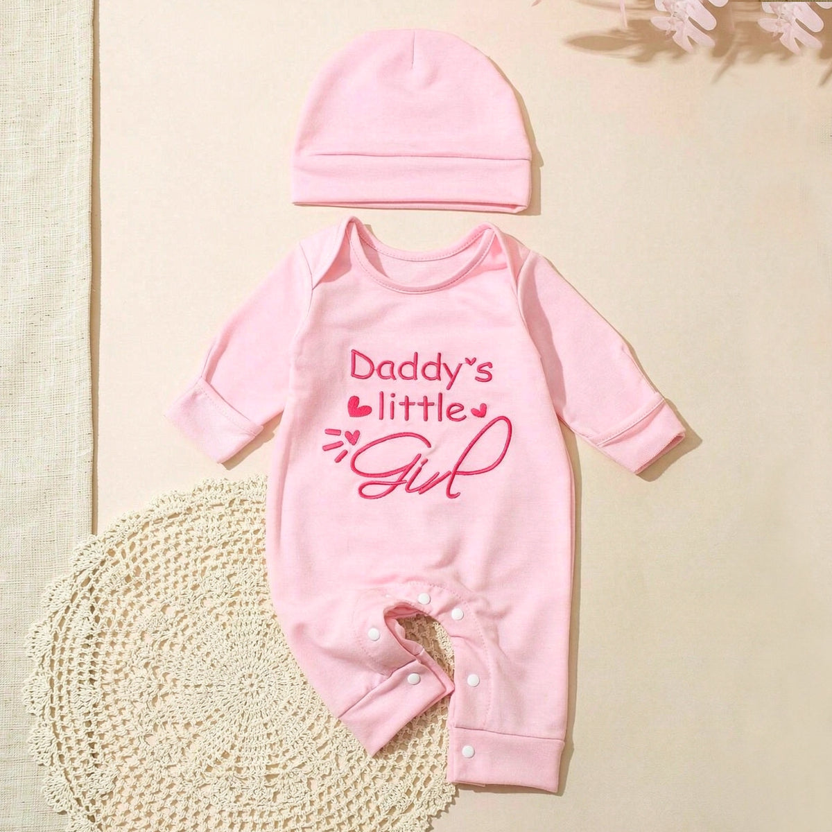 2PCS Pretty Daddy's Little Girl Letter Embroidery Solid Color Baby Jumpsuit
