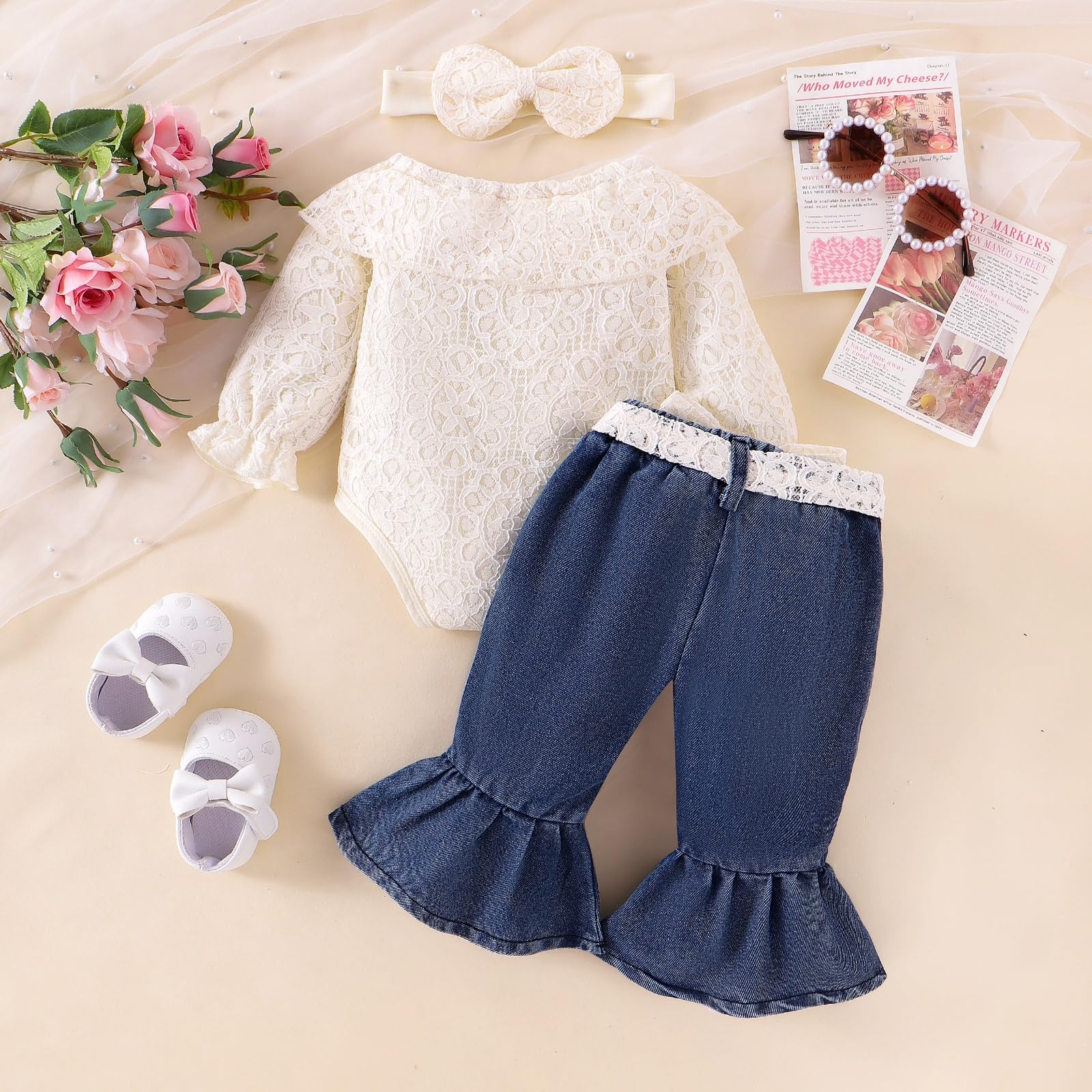 3PCS Elegant Lace Embroidery and Jeans Baby Set