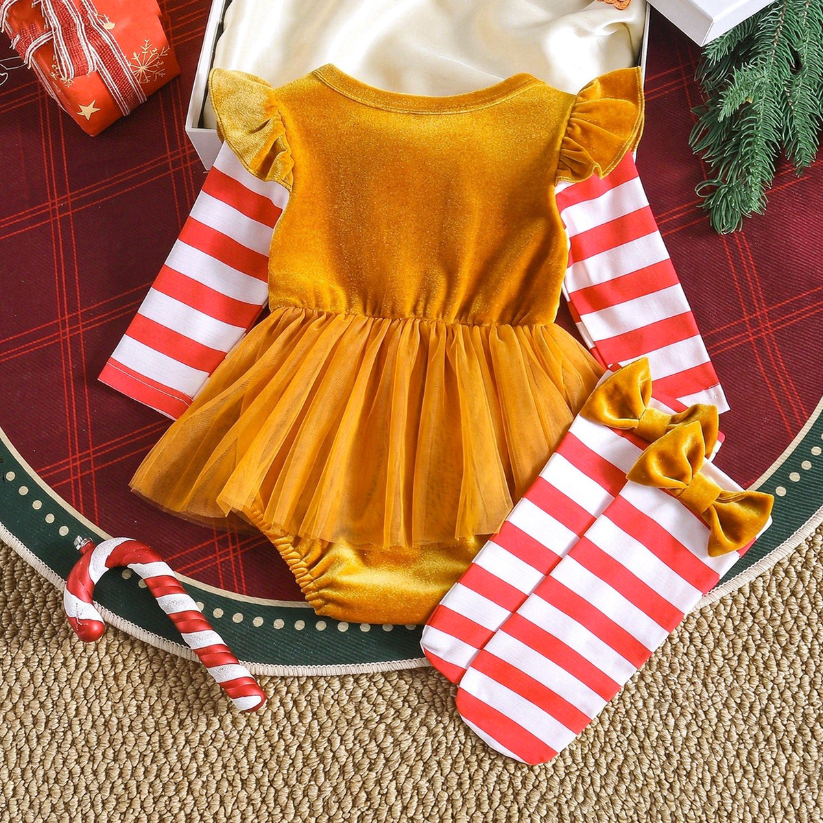 2PCS Gingerbread Man Stripe Print Velvet Baby Christmas Romper