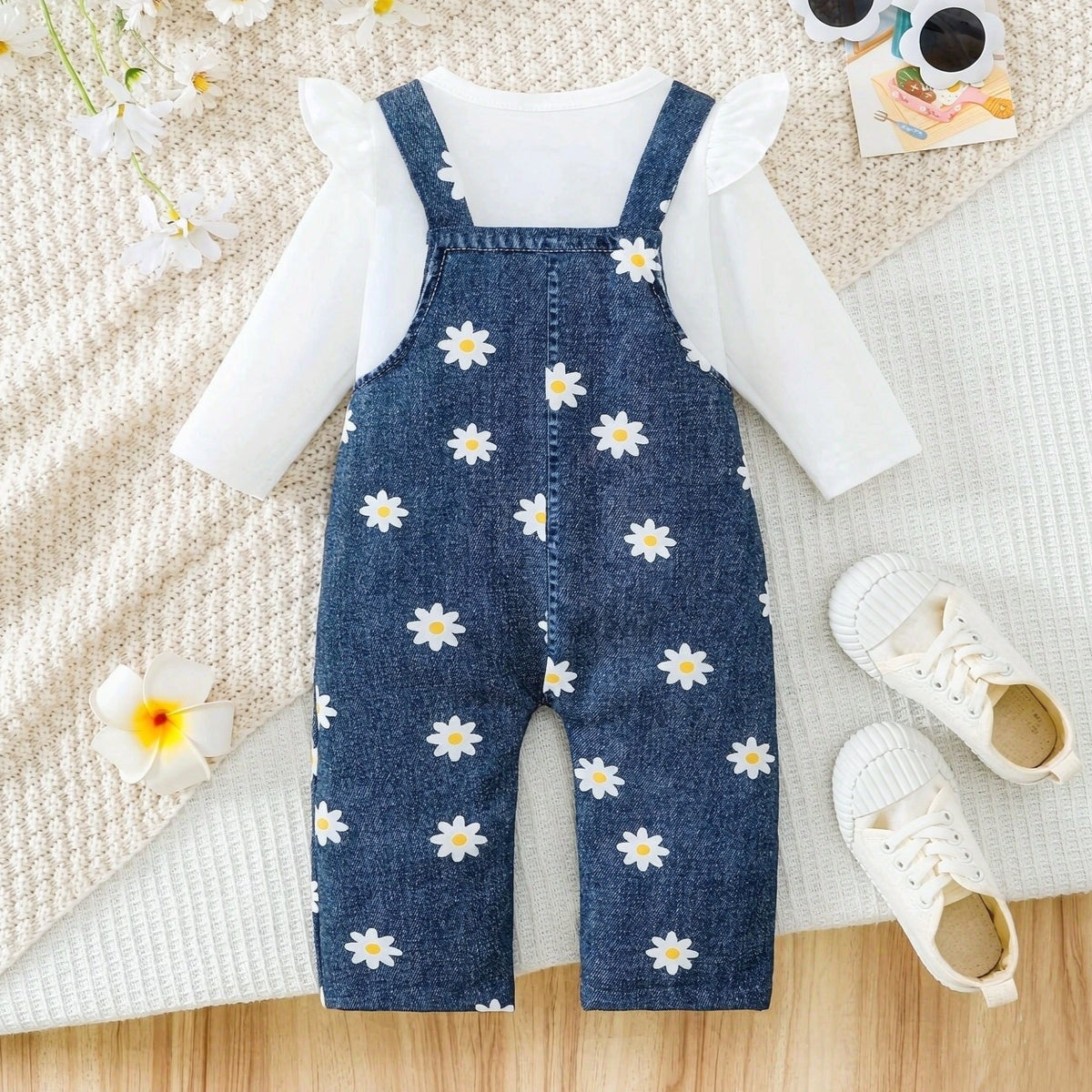 2PCS Cheerful Daisy Print Long Sleeve Baby Girl Denim Set