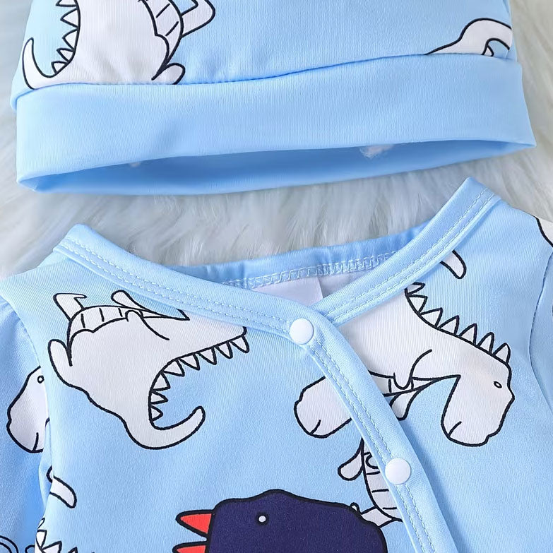 2PCS Stylish Dinosaur Printed Long Sleeve Baby Boy Jumpsuit