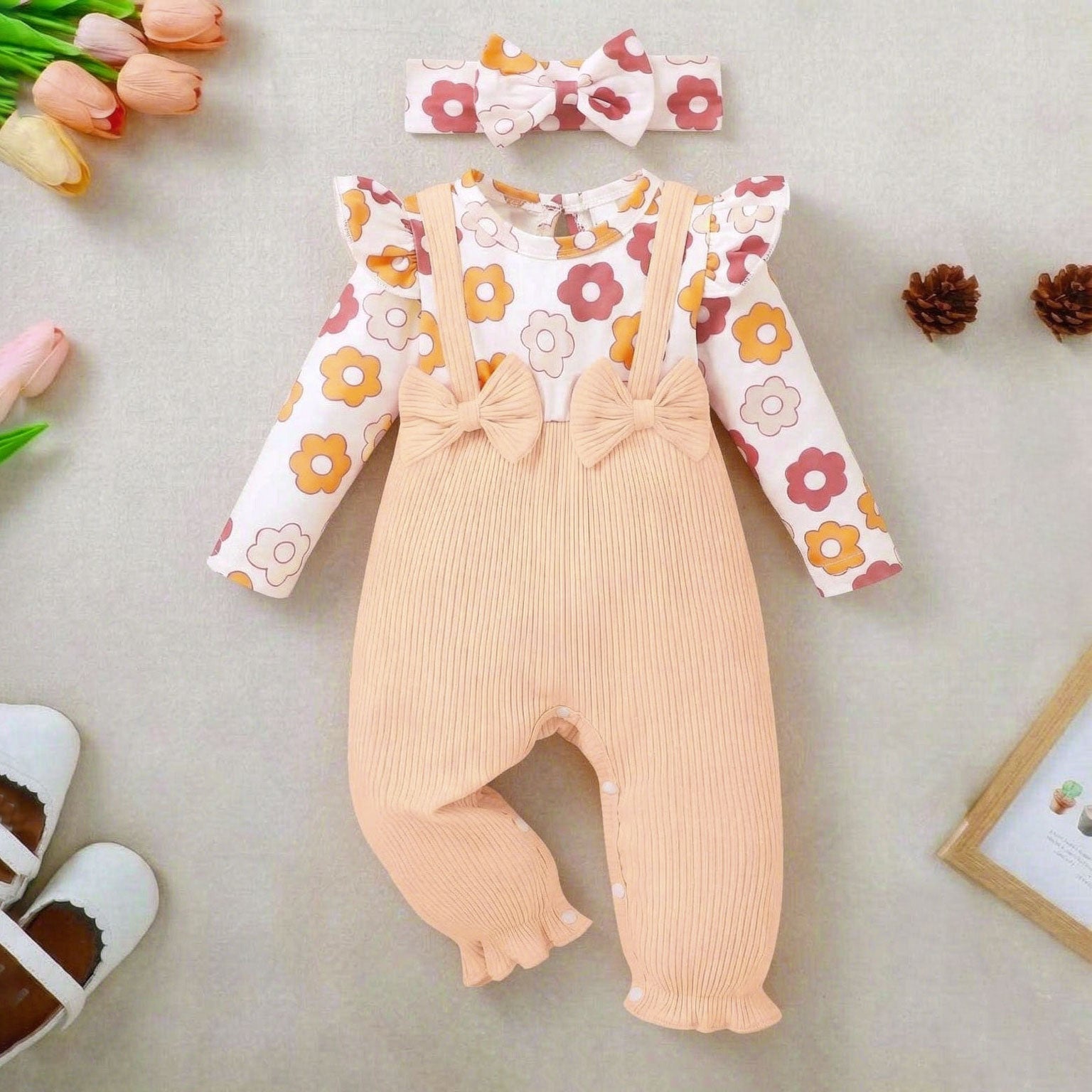2PCS Graceful Floral Print Ruffle Long Sleeve Baby Jumpsuit