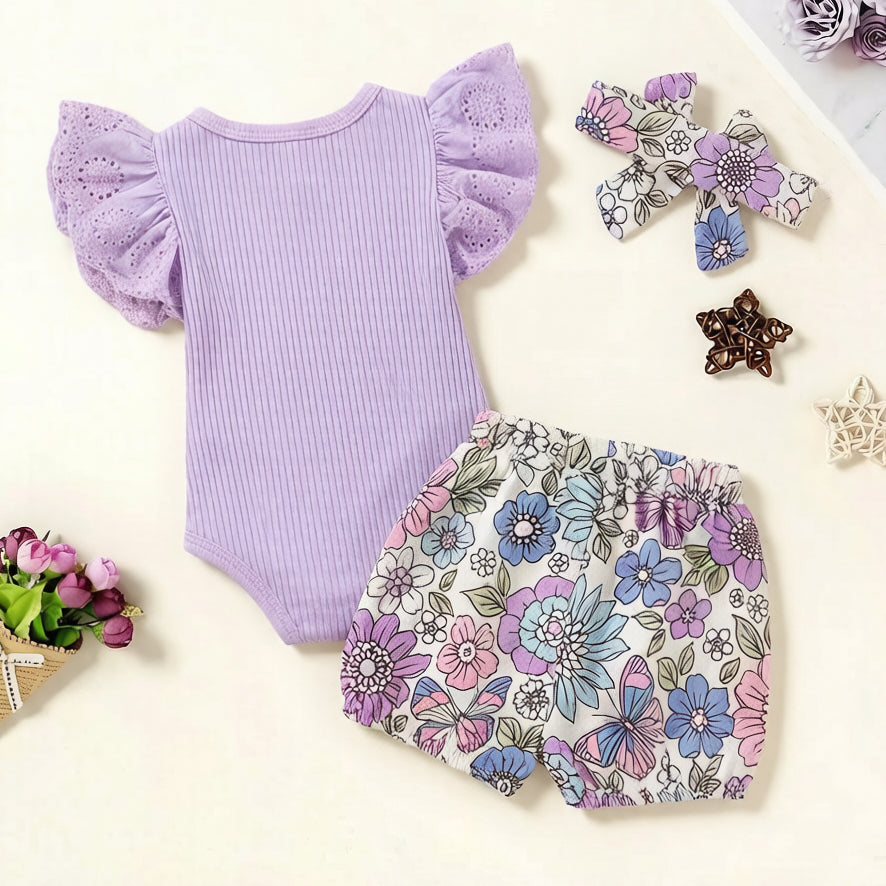 3PCS Daddy Is My Bestie Letter Floral Printed Flutter Sleeve Baby Set