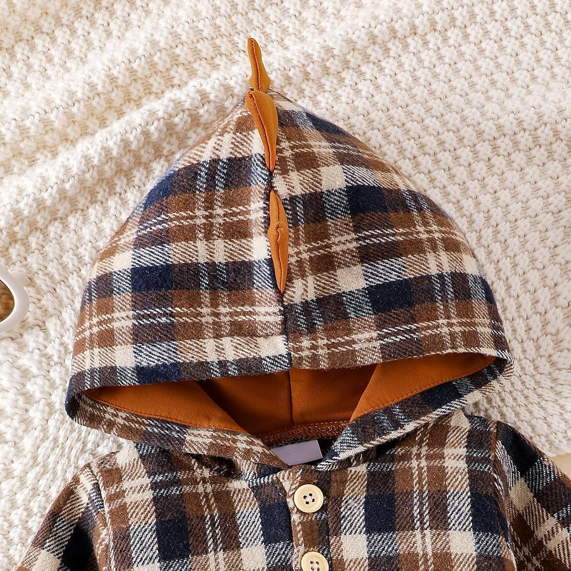 2PCS Dinosaur Spikes Plaid Print Long Sleeve Hoodie Baby Boy Set