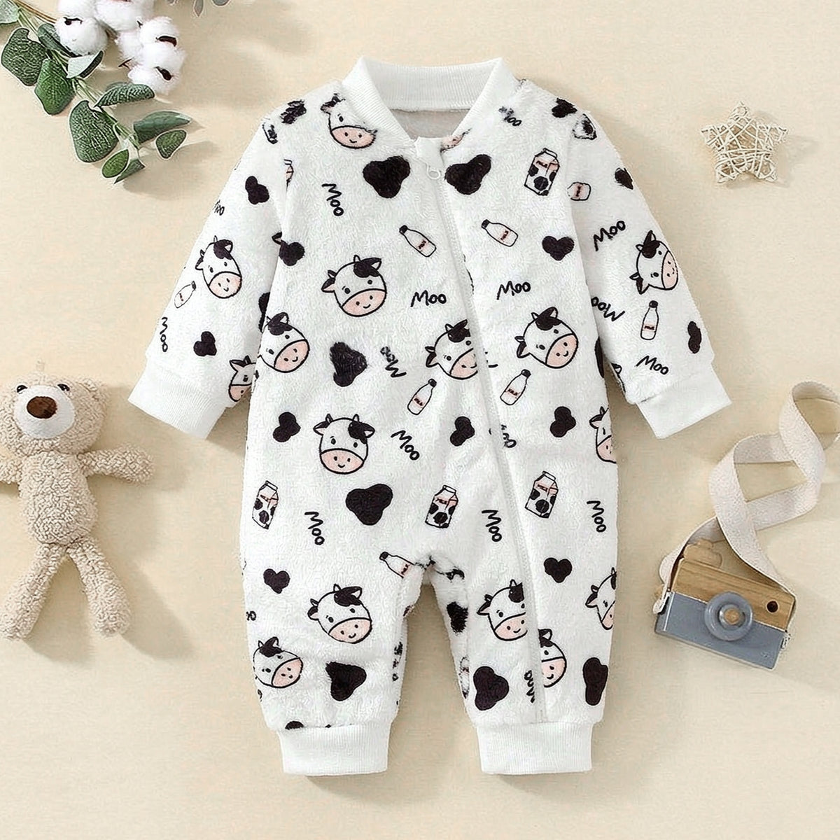 Lovely Cow Milk Bottle Print Long Sleeve Zipper Baby Fleece Jumpsuit