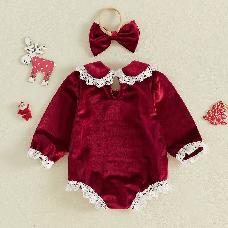 2PCS My 1st Christmas Letter Santa Embroidered Baby Girl Velvet Romper