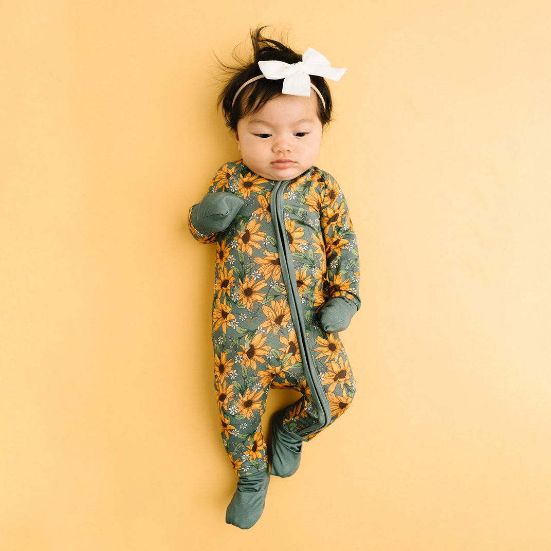 Elegant Sunflower Printed Long Sleeve Zipper Baby Jumpsuit