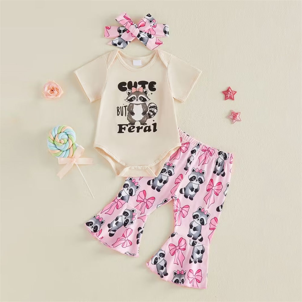 3PCS Cute Raccoon Printed Short Sleeve Baby Set