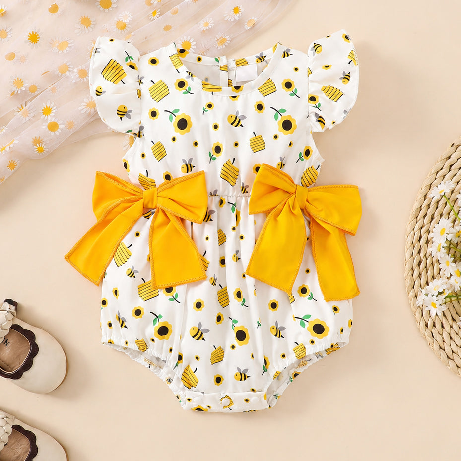 Sweet Sunflower Bee Print Flutter Sleeve Baby Romper