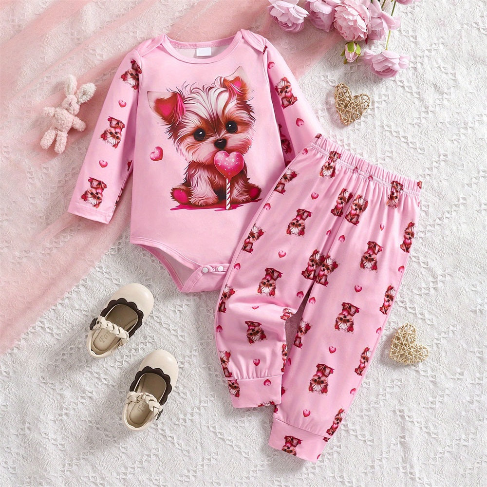 2PCS Casual Cute Puppy Printed Long Sleeve Baby Set