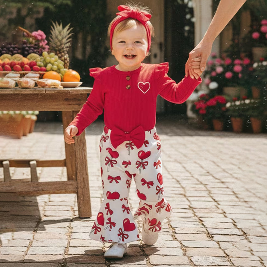 3PCS Grace Bow Heart Print Baby Set